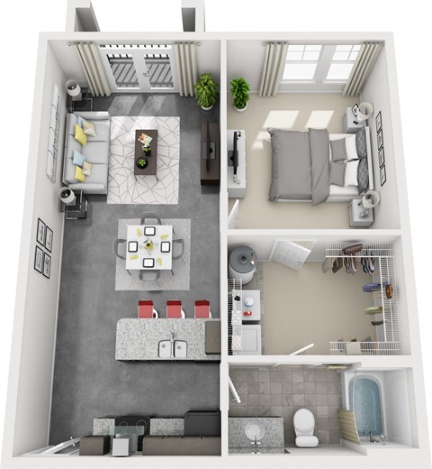 a rendering of a 1 bedroom floor plan with a bathroom and a living room